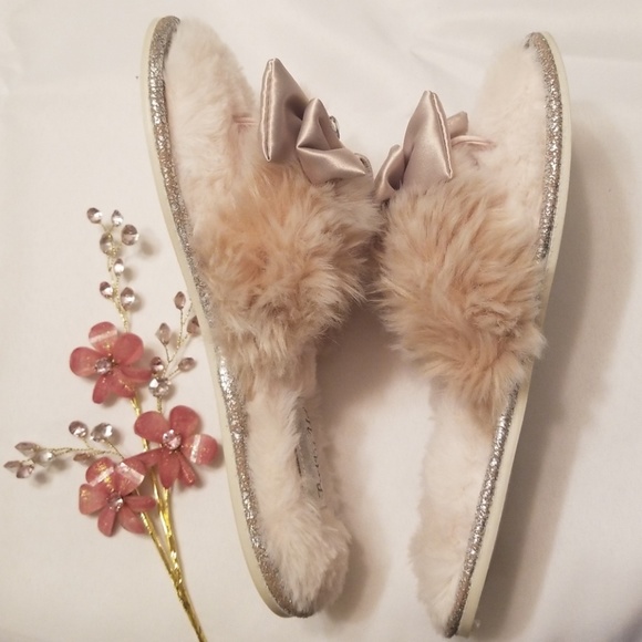 💎Nwt Swarvoski Jewel Satin & Fur Bridal Slipper S - Picture 6 of 8